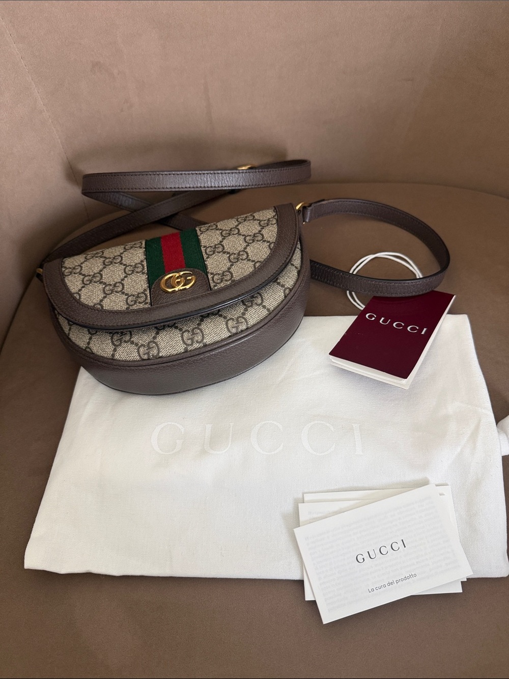 Gucci Brown GG Supreme Crossbody with Green-Red Web Stripe